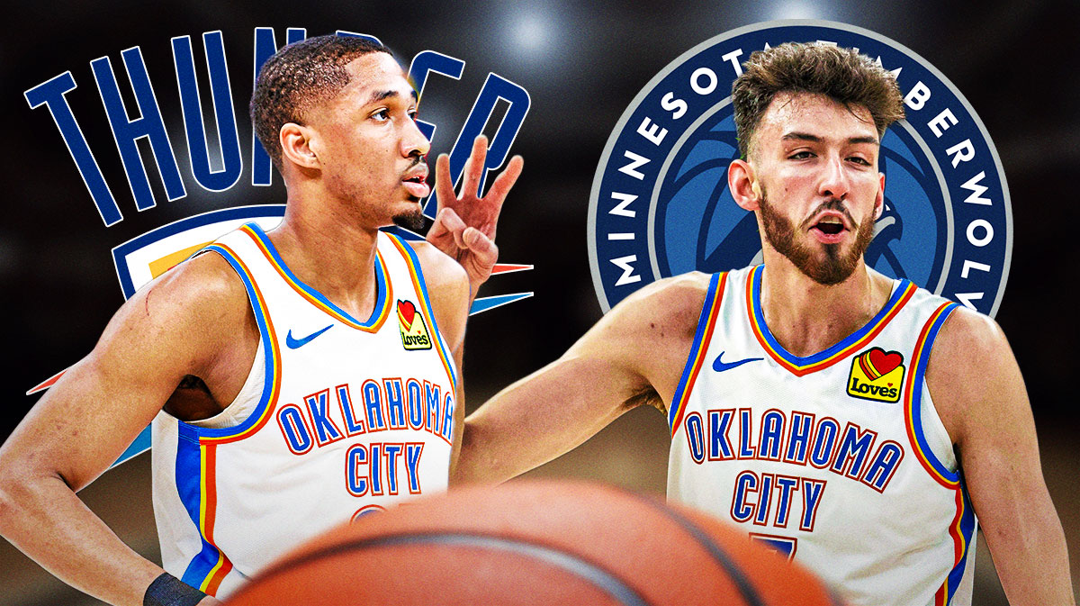 Thunder forward Chet Holmgren next to Thunder guard Aaron Wiggins with the Thunder and Timberwolves logos in the background