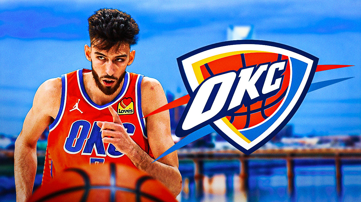 Thunder forward Chet Holmgren next to the Thunder logo with the Oklahoma City skyline in the background