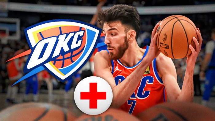 Thunder forward Chet Holmgren next to the Thunder logo with a health symbol and the Paycom Center in the background