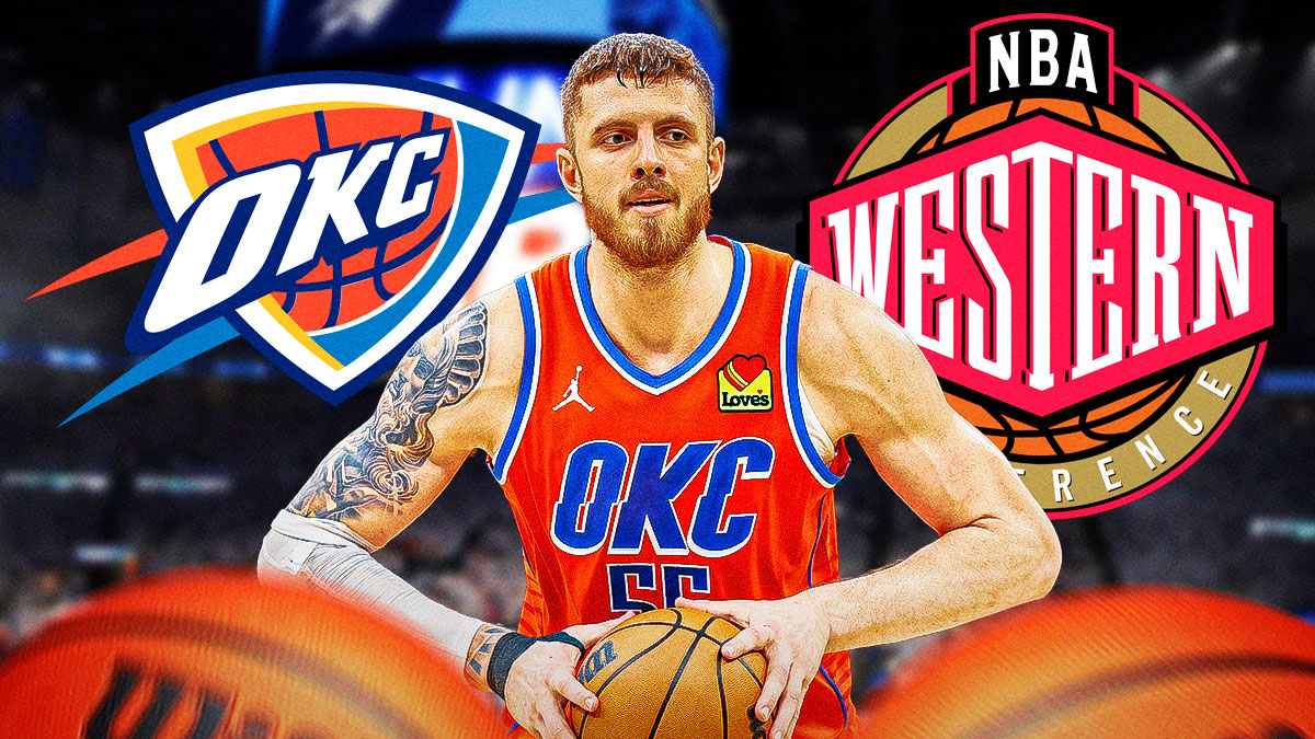 Thunder center Isaiah Hartenstein next to the Thunder logo with the Western Conference logo in the background