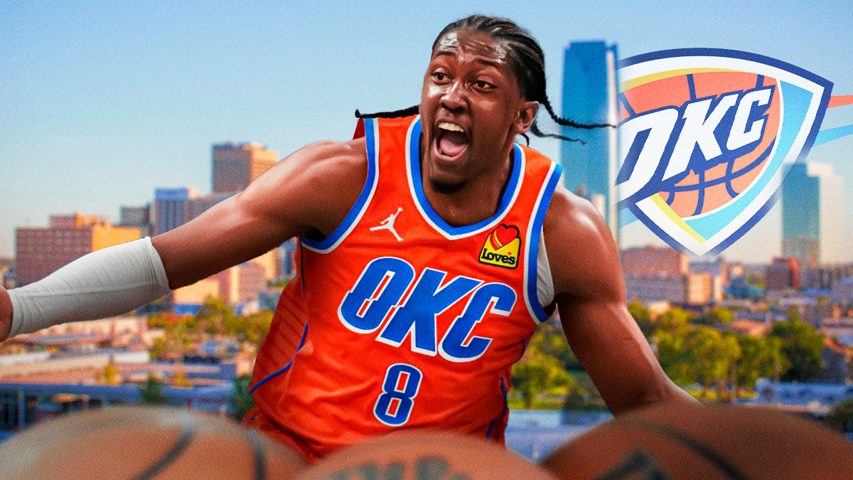 Thunder forward Jalen Williams next to the Thunder logo with the Oklahoma City skyline in the background