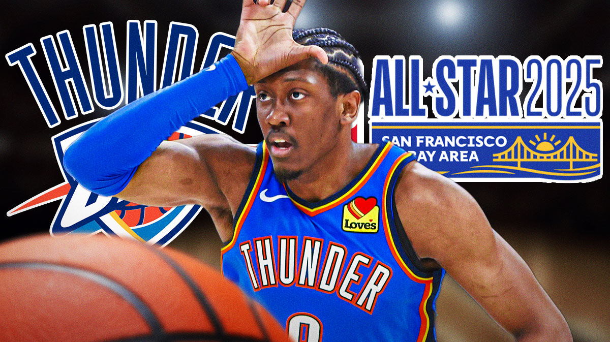 Thunder All-Star Jalen Williams with the Thunder logo next to him and the 2025 NBA All-Star Game logo in the background