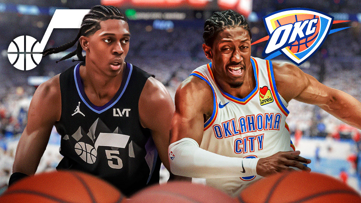 Thunder's Jalen Williams next to Jazz rookie Cody Williams with the Thunder and Jazz logos in the background