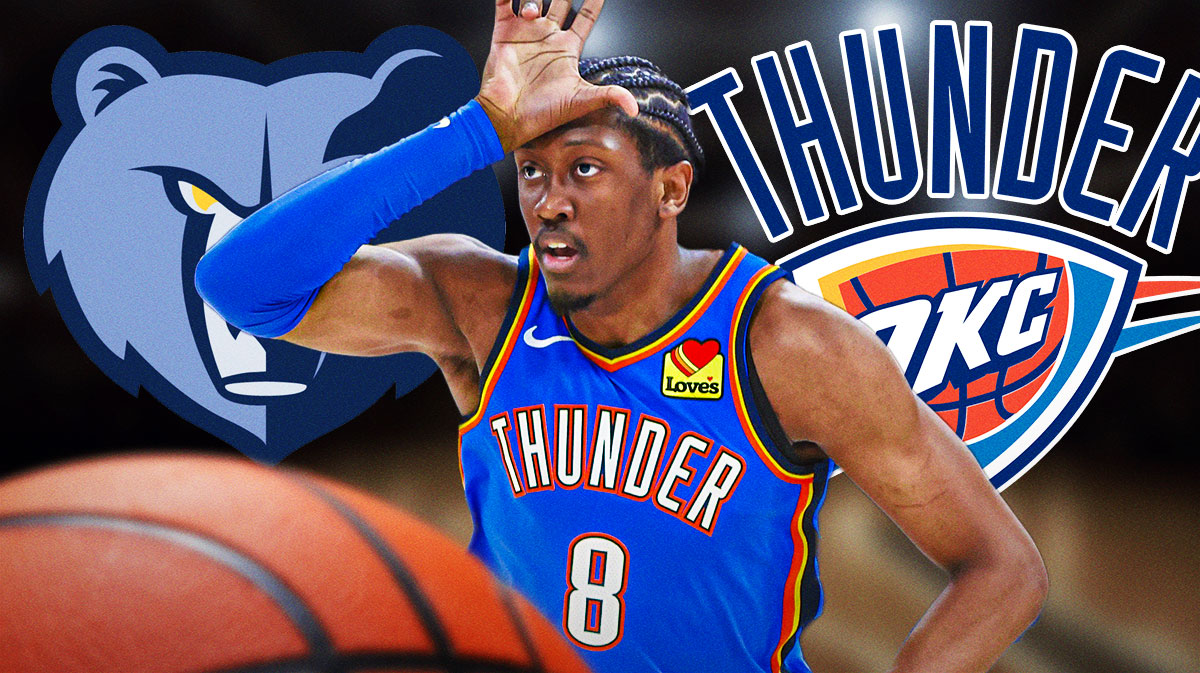 Thunder forward Jalen Williams next to the Grizzlies logo with the Thunder logo in the background