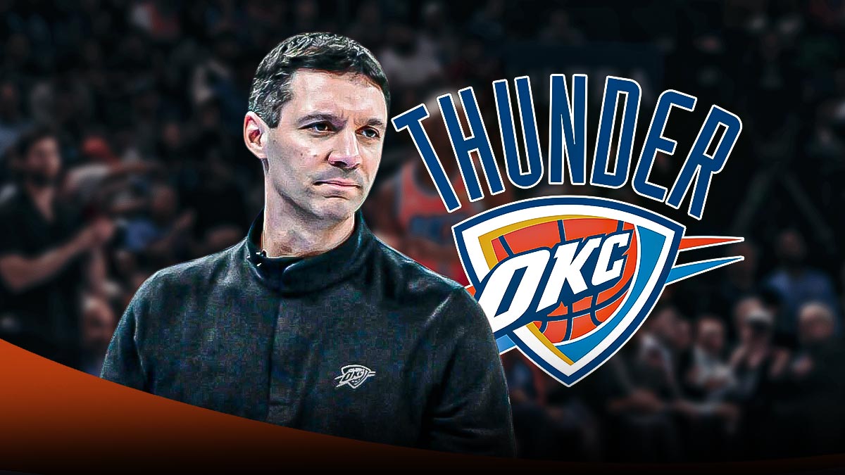 Mark Daigneault Thunder logo imn the background.