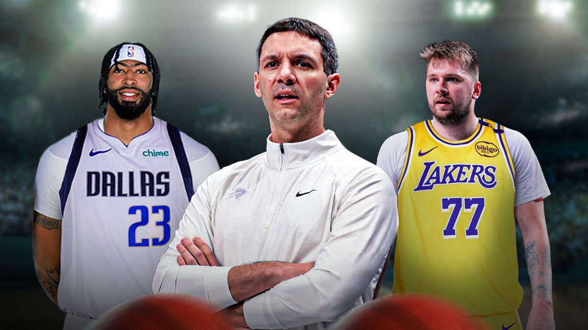Mark Daigneault, Luka Doncic in a Lakers jersey, and Anthony Davis in. a Mavs jersey.