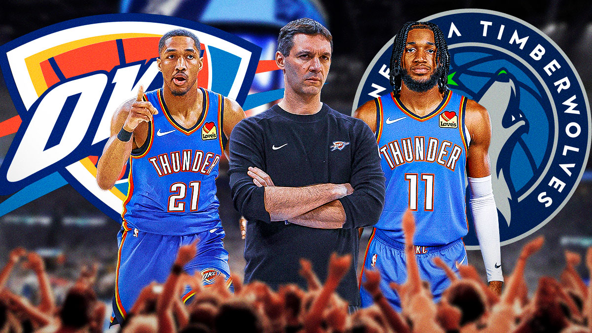 Thunder head coach Mark Daigneualt in between Thunder guard Aaron Wiggins and Thunder guard Isaiah Joe with the Thunder and Timberwolves logos in the background