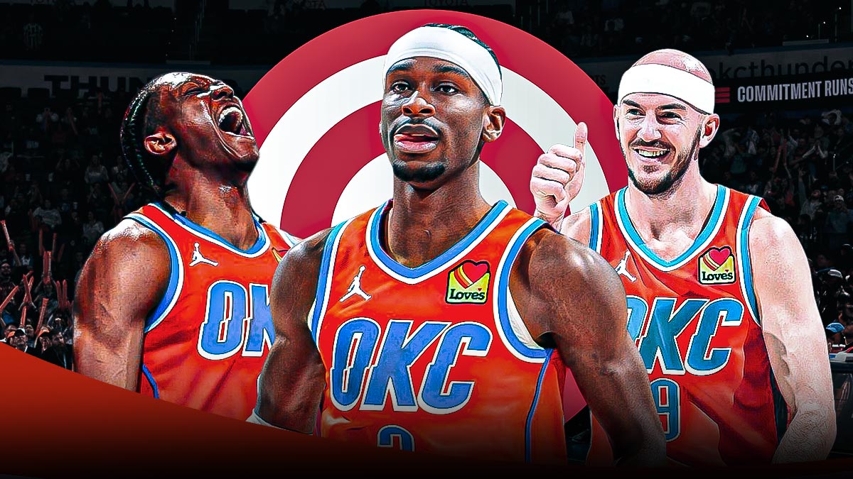 Thunder's Shai Gilgeous-Alexander, Alex Caruso, and Jalen Williams hyped up, with bullseye logo behind them