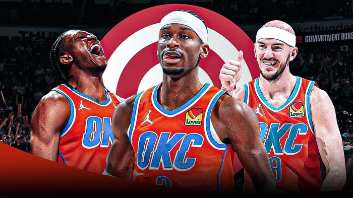 Thunder's Shai Gilgeous-Alexander, Alex Caruso, and Jalen Williams hyped up, with bullseye logo behind them