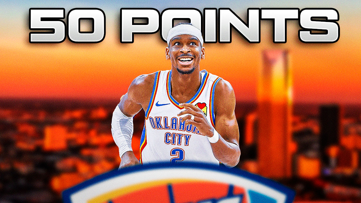 Thunder All-Star Shai Gilgeous-Alexander next to the Thunder logo with 50 Points and the Oklahoma City skyline in the background