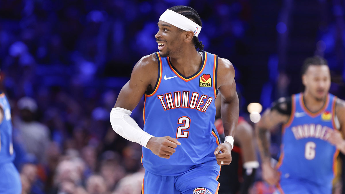 Oklahoma City Thunder guard Shai Gilgeous-Alexander (2) smiles after scoring against the Toronto Raptors during the second half at Paycom Center.