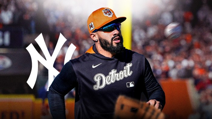 Gleyber Torres, Yankees, Tigers, Gleyber Torres Tigers, Tigers Spring Training, Gleyber Torres in Tigers uni with Comerica Park in the background, Yankees logo on graphic