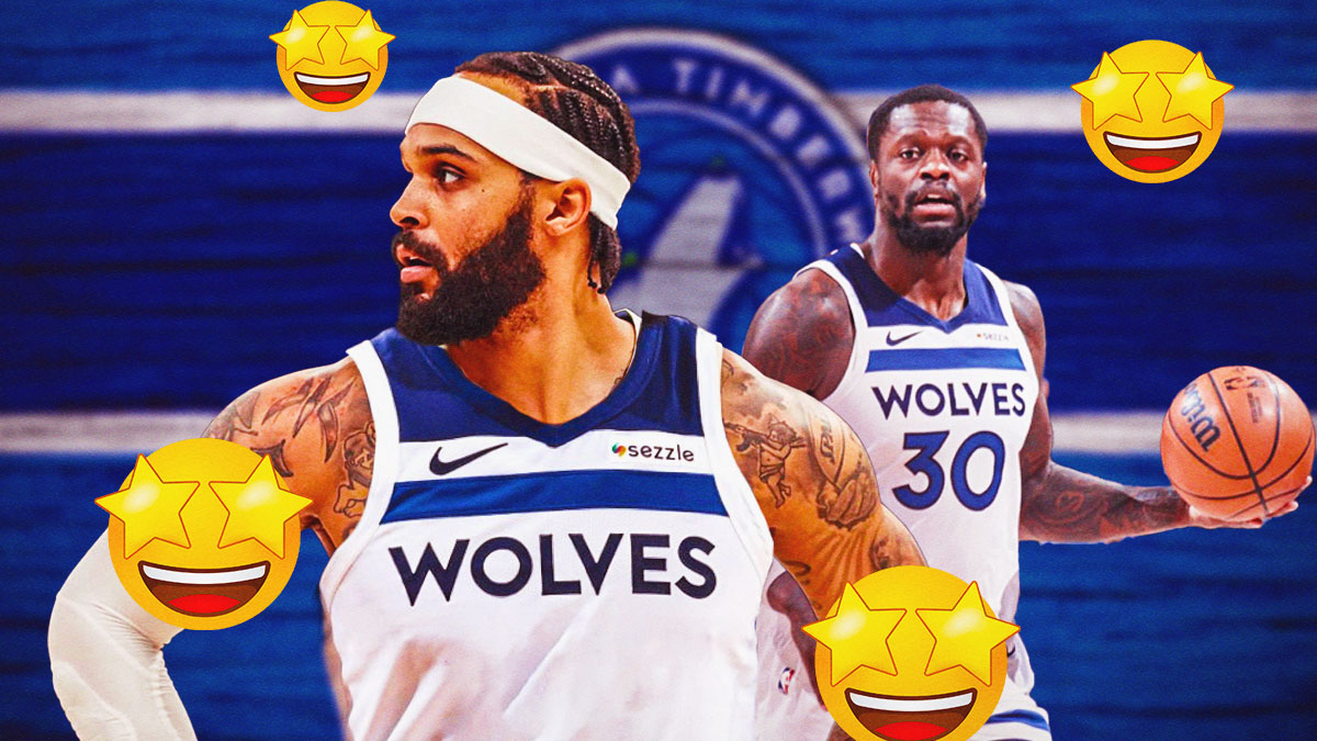 Julius Randle in the middle in a Minnesota Timberwolves uniform, Minnesota Timberwolves wallpaper in the background, 🤩 emoji all around