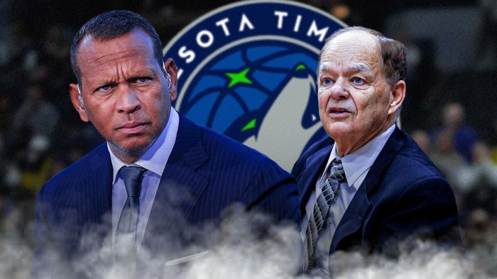 Alex Rodriguez, Glen Taylor. Timberwolves logo.