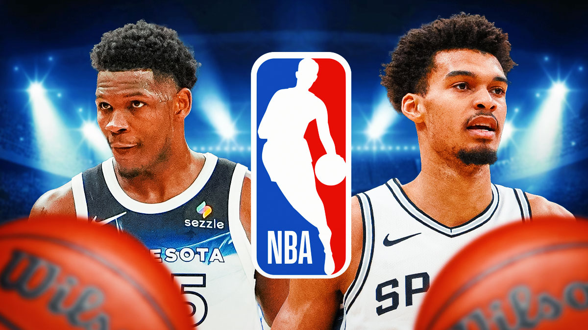 Timberwolves Anthony Edwards and Spurs Victor Wembanyama with NBA logo in between them