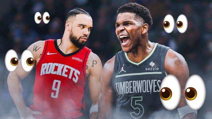 Anthony Edwards, Dillon Brooks, Minnesota Timberwolves and Houston Rockets logos, eyes symbols surrounding Edwards and Brooks
