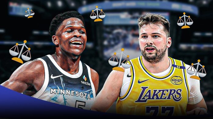 Timberwolves' Anthony Edwards and Lakers' Luka Doncic smiling with weighing scales all over them