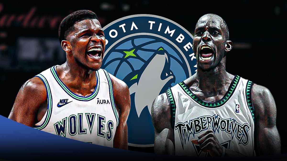 Timberwolves Anthony Edwards looking hype next to Kevin Garnett