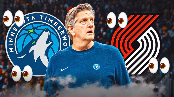 Timberwolves Head Coach Chris Finch in the center, with the Minnesota Timberwolves and Portland Trail Blazers logos in the background and eye emojis all around.