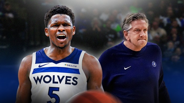 Image of Twolves coach Chris Finch looking upset next to image of Twolves Anthony Edwards looking upset