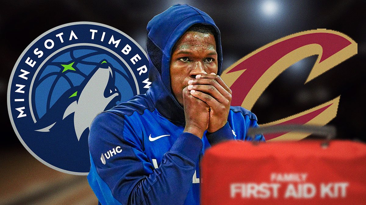 Anthony Edwards, Minnesota Timberwolves and Cleveland Cavaliers logos, injury symbols