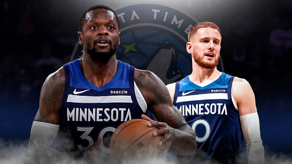 Minnesota Timberwolves players Julius Randle and Donte DiVincenzo with the Timberwolves arena in the background, injury
