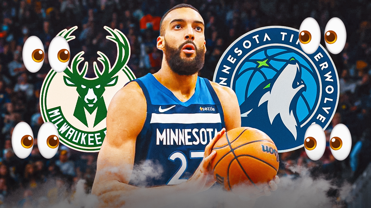 Rudy Gobert in the center, with the Minnesota Timberwolves and Milwaukee Bucks logos in the background and eye emojis all around.