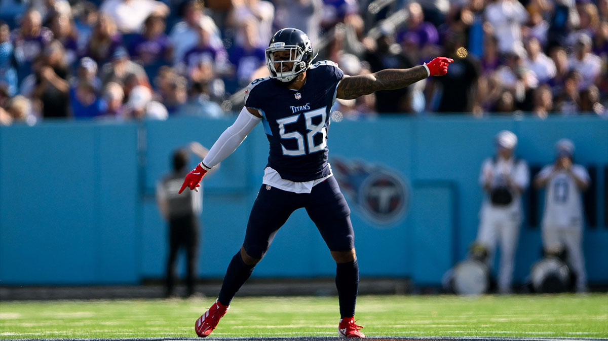 Tennessee Titans linebacker Harold Landry III (58) celebrates the fumble recovery against the Minnesota Vikings during the first half at Nissan Stadium.