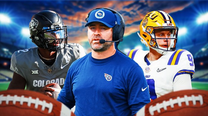 Tennessee Titans head coach Brian Callahan in the middle of Joe Burrow and Shedeur Sanders