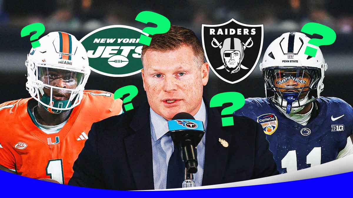 Titans GM Mike Borgonzi with a Titans logo behind him with Penn State's Abdul Carter, Miami's Cam Ward a NY Jets logo and LV Raiders Logo with question marks surrounding them as the titans have options for the nfl draft.