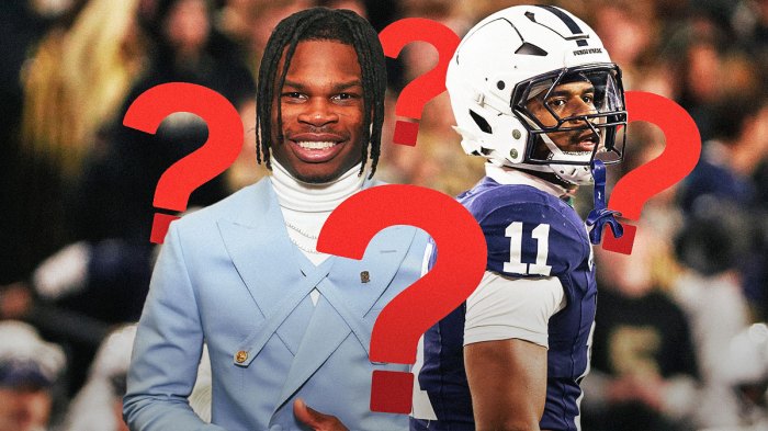 Titans, NFL Draft, Titans draft pick, Titans NFL Draft, Titans QB, Travis Hunter and Abdul Carter with Titans stadium in the background, a few question marks on graphic