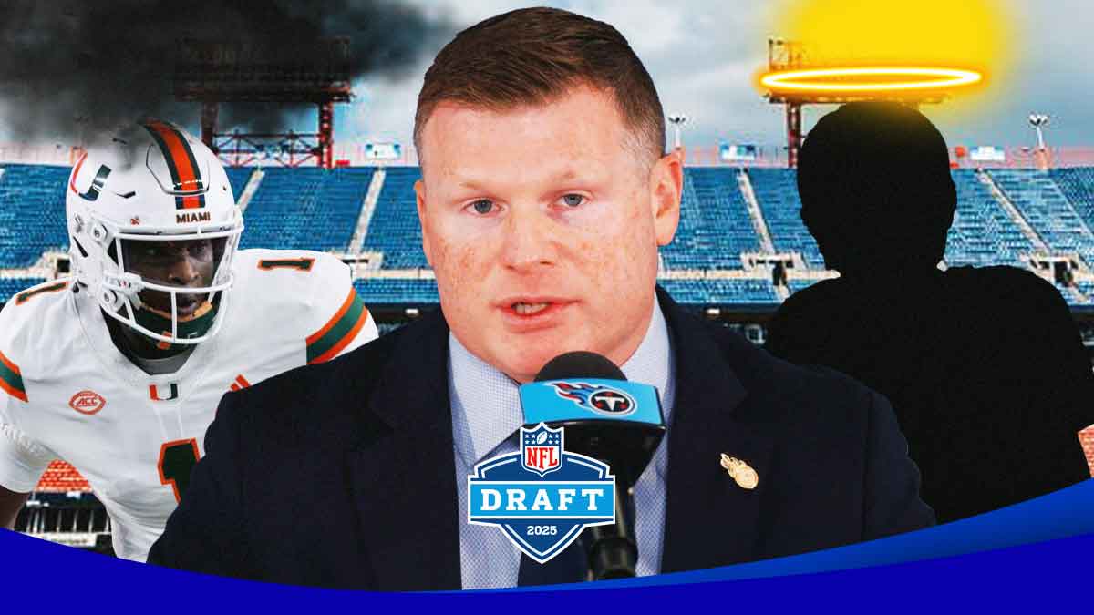 Titans GM Mike Borgonzi in the middle. On one side, Miami (FL) QB Cam Ward with a storm cloud above his head. On the other side, a SILHOUETTE of former NFL MVP Aaron Rodgers with an angelic halo above his head. 2025 NFL Draft logo in foreground. Background is Nissan Stadium.