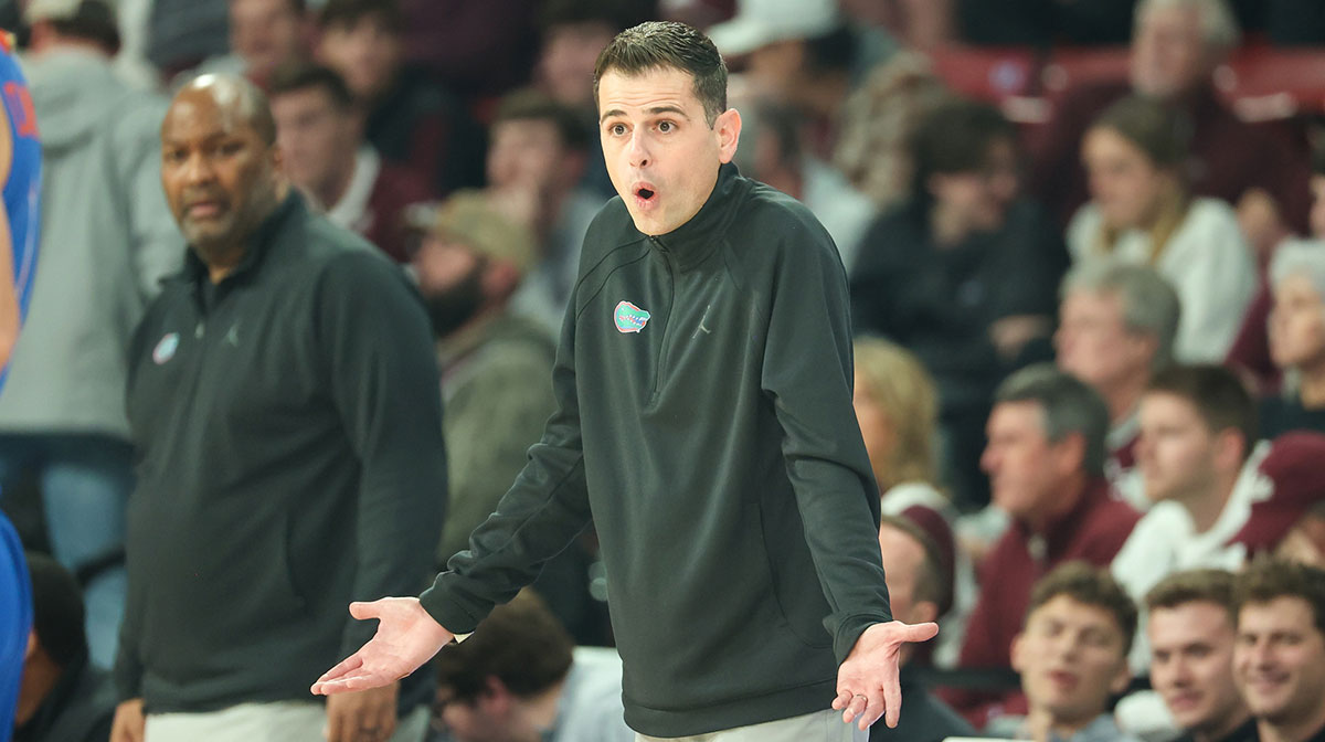 Florida Gators Head Coach Todd Golden reacts against the Mississippi State Bulldogs during the first half at Humphrey Coliseum.
