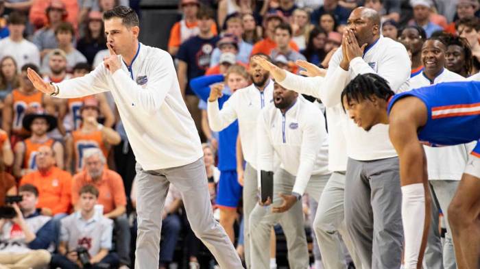 Florida Gators head coach Todd Golden talks with his team as Auburn Tigers take on Florida Gators at Neville Arena in Auburn, Ala., on Saturday, Feb. 8, 2025. Florida Gators defeated Auburn Tigers 90-81.