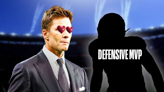 Tom Brady with hearts in his eyes looking at a silhouette of Zack Baun with the words: Defensive MVP