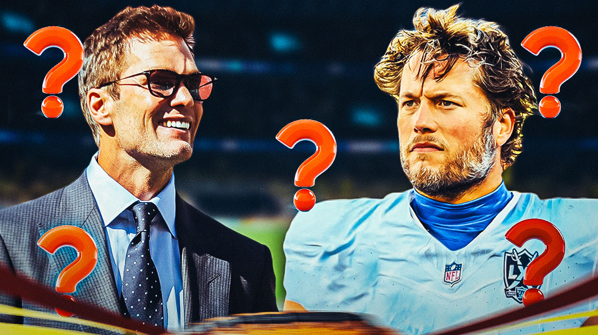 Tom Brady in a suit, and Matthew Stafford in a Raiders jersey with question marks around the picture.