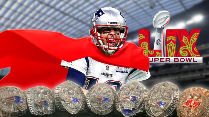 Tom Brady wearing superhero cape with seven Super Bowl rings behind him. Super Bowl LIX logo in background. Background is Caesars Superdome.