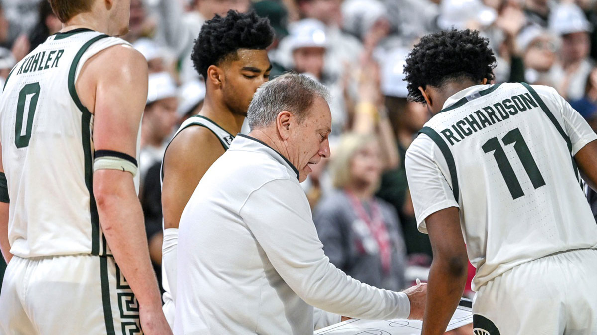 Michigan State's head coach Tom Izzo, center, talks to the team late during the second half in the game against Indiana on Tuesday, Feb. 11, 2025, at the Breslin Center in East Lansing.
