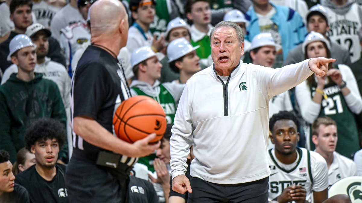 Michigan State's head coach Tom Izzo argues with a referee during the second half in the game against Indiana on Tuesday, Feb. 11, 2025, at the Breslin Center in East Lansing.