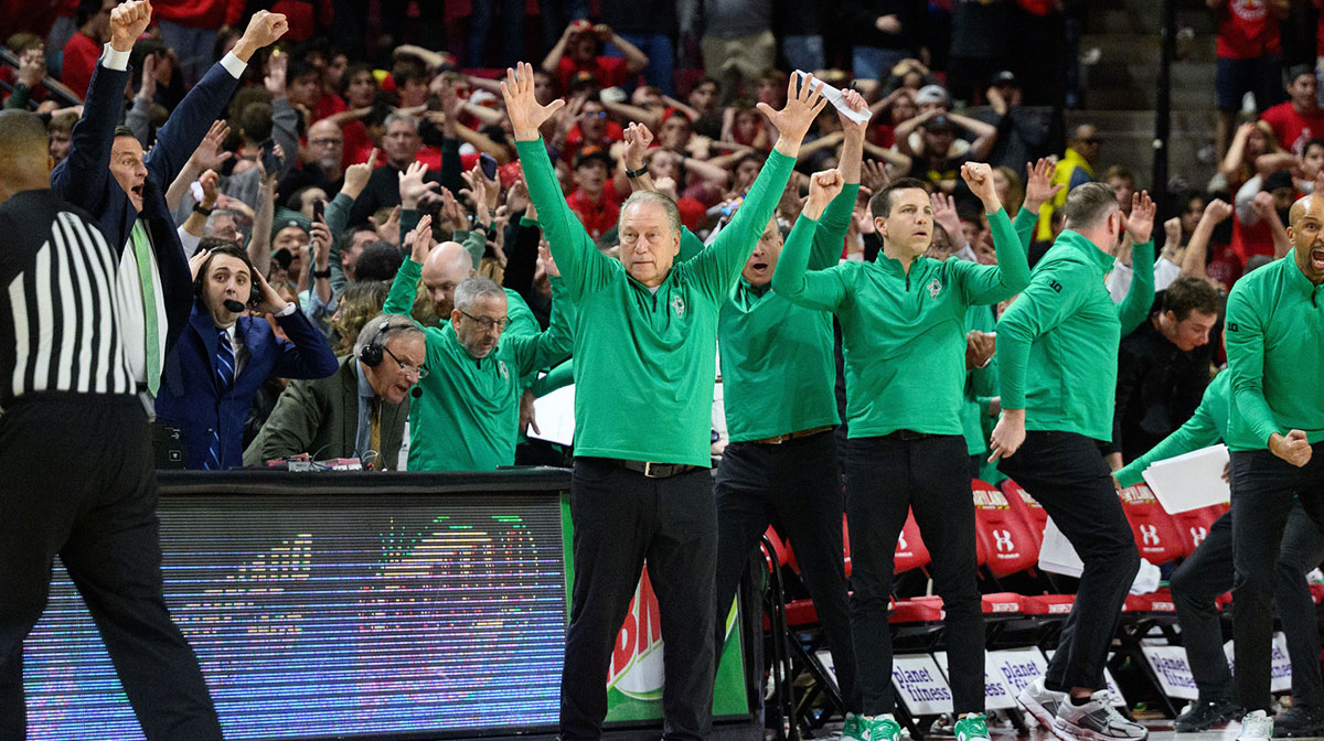 Michigan State Spartans head coach Tom Izzo celebrates after a made shot at the buzzer during the second half against the Maryland Terrapins at Xfinity Center.