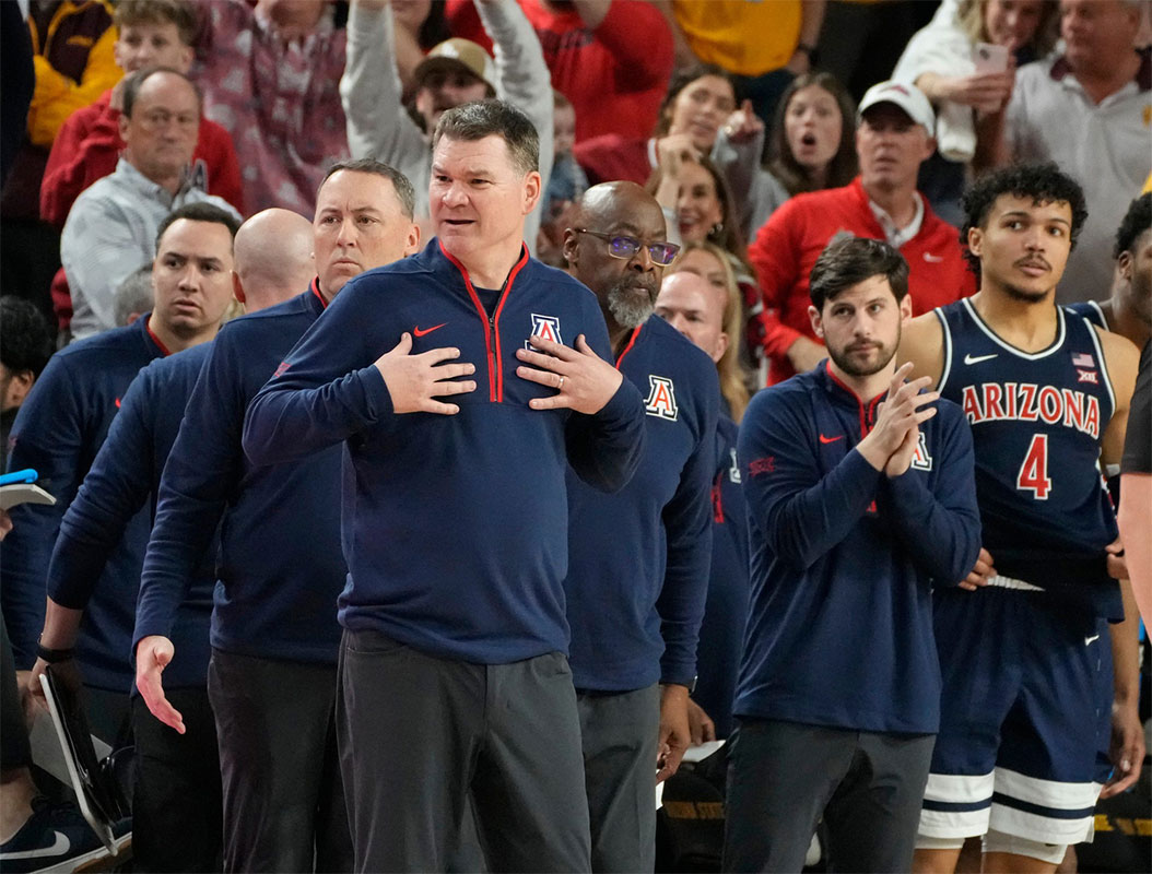 Arizona Wildcats head coach Tommy Lloyd reacts after Arizona State Sun Devils head coach Bobby Hurley instructs his team to go to the locker room before the end of a Big 12 men's basketball game at Desert Financial Arena on Feb. 1, 2025, in Tempe.