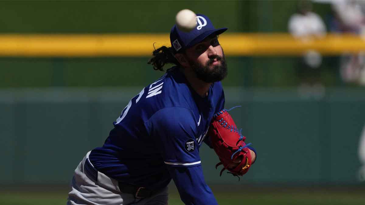 Los Angeles Dodgers pitcher Tony Gonsolin (26) warms up during the first inning against the Chicago Cubs at Sloan Park.