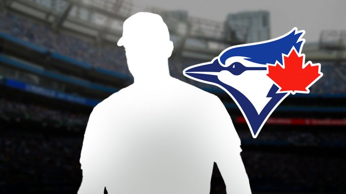 A silhouette in the center and the Toronto Blue Jays logo in the background.