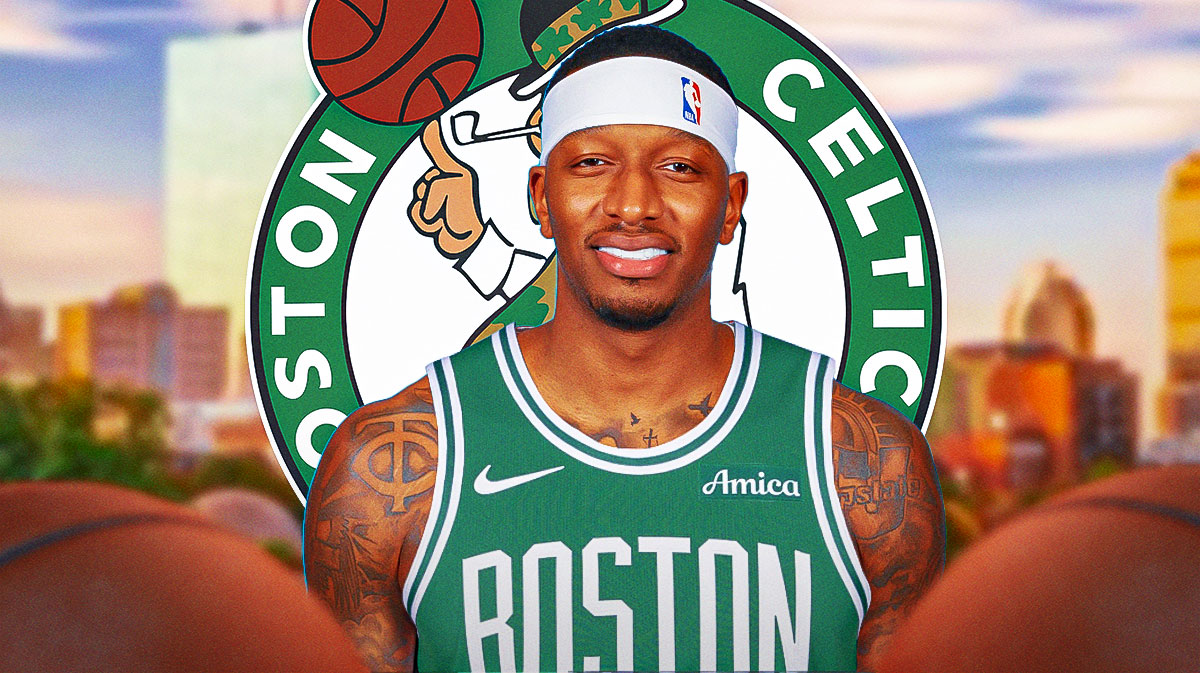 Celtics forward Torrey Craig with the Celtics logo next to him and the Boston skyline in the background