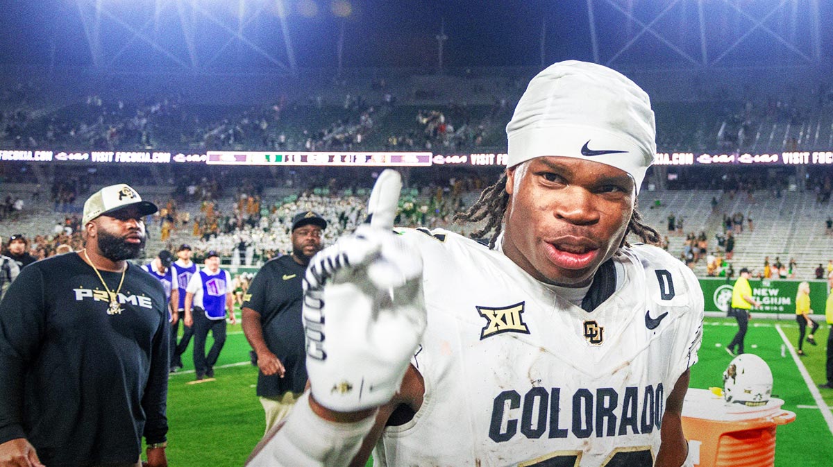 CU football standout athlete Travis Hunter flashes a No. 1 with his finger after a win against CSU in the Rocky Mountain Showdown at Canvas Stadium