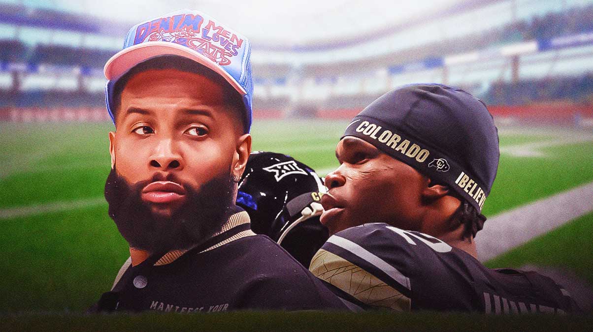 Travis Hunter next to Odell Beckham Jr. on an NFL field.