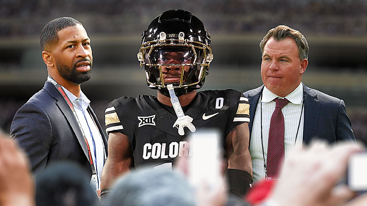 NFL Draft prospect Colorado Travis Hunter (front, center) with Browns Andrew Berry (left) and Titans Mike Borgonzi (right)