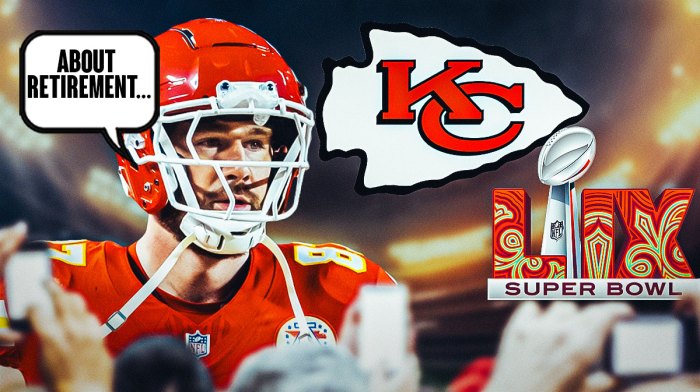 Kansas City Chiefs TE Travis Kelce with a speech bubble that says "About retirement..." There are also logos for the Kansas City Chiefs and Super Bowl 59.