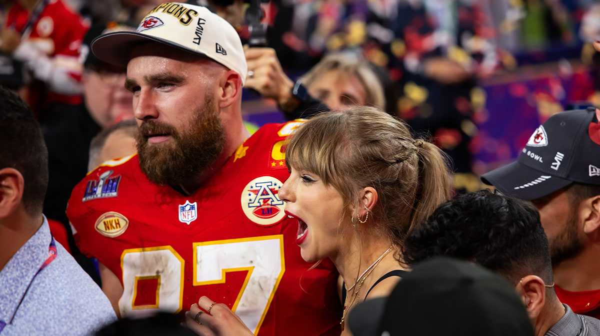  Kansas City Chiefs tight end Travis Kelce (87) celebrates with girlfriend Taylor Swift after defeating the San Francisco 49ers in Super Bowl LVIII at Allegiant Stadium.