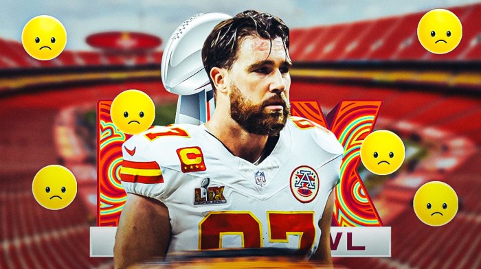 Travis Kelce on one side, the Super Bowl LIX logo on the other side, a bunch of sad emojis in the background